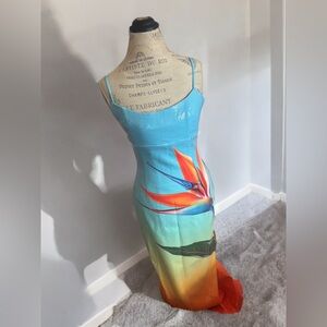 Vibrant Backless Maxi Dress in Blue and Orange